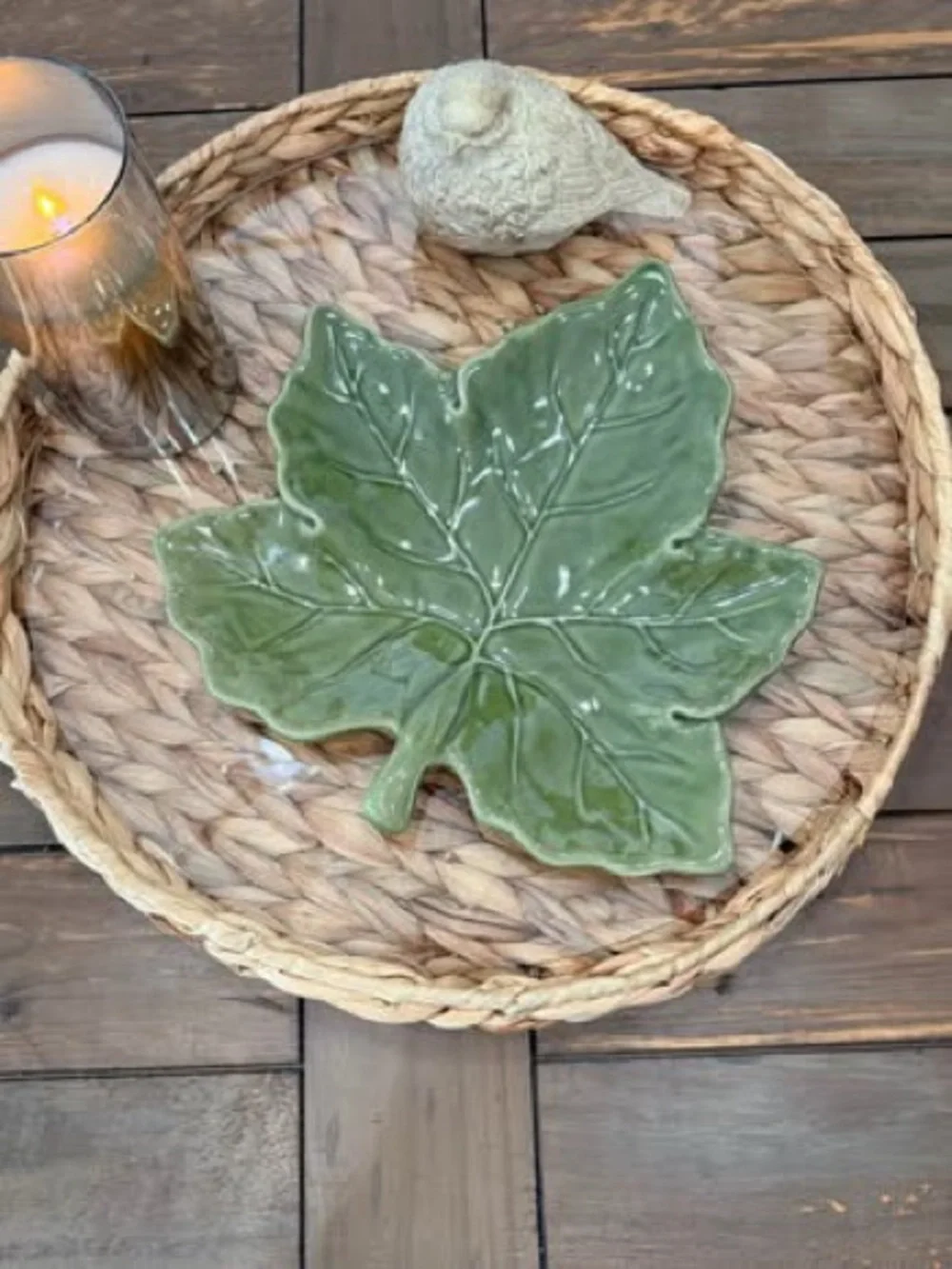 Pottery Barn Harvest Leaf Plate Green 10” Ceramic Fall Thanksgiving Serving Dish